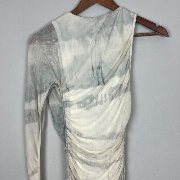 Zara Maxi Dress Womens XS Cream Gray Ruched One Shoulder Long‎ Sleeve Mesh Y2K - Picture 14 of 15